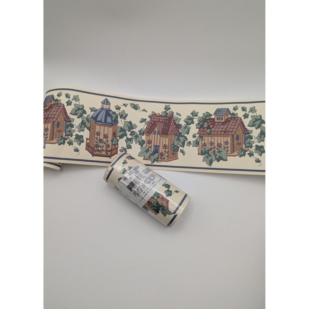 Vintage Country Cottage Birdhouse Ivy Pre‎ Pasted Wallpaper Border Pattern 0293
